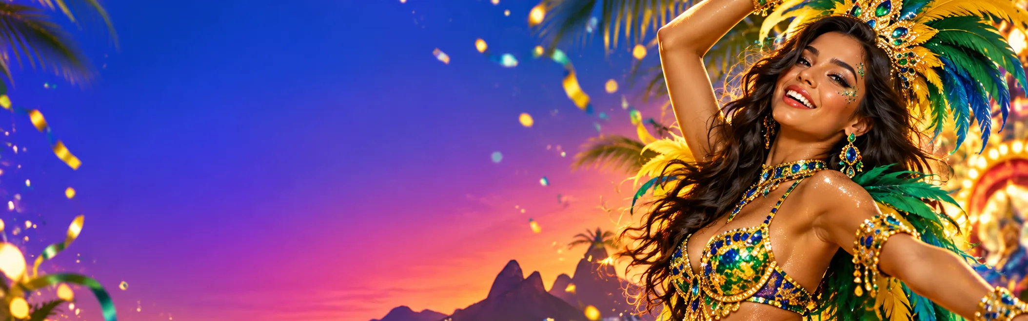 Passista de carnaval na orla de Copacabana ao anoitecer, Glory Casino Brasil